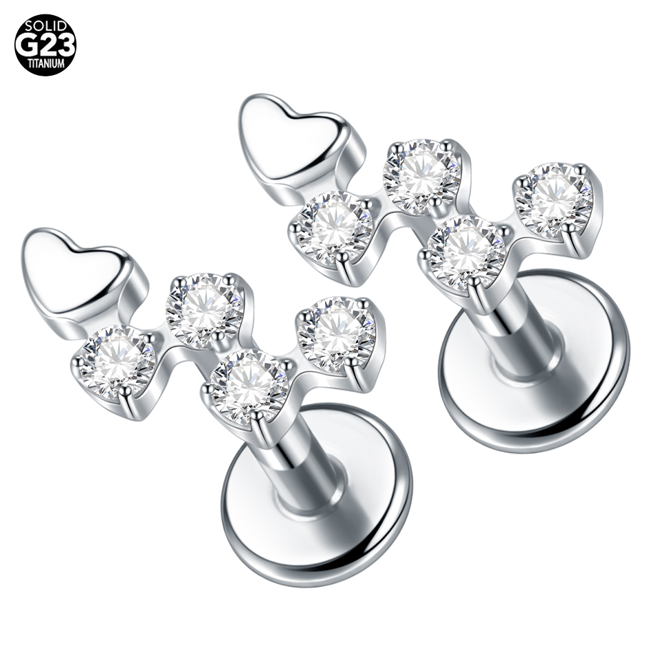 Flat Back Labret Stud - 1ชิ้นต่างหูหมุดเกลียวทรงกระบอกทำจากไทเทเนียมสำหรับเจาะผู้หญิง16กรัม