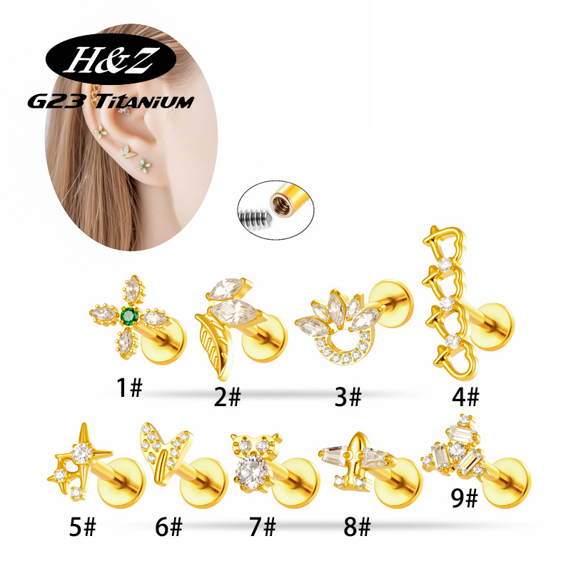 Body Jewelry Implant Grade Titanium - ต่างหูไทเทเนียม G23 ขนาด 16G รูปดอกไม้ประดับเพชร CZ