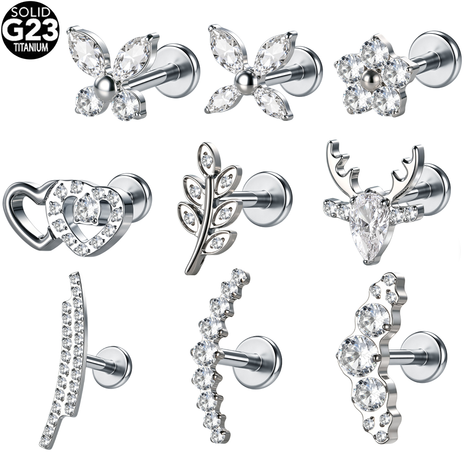 Flat Back Labret Stud - ต่างหูไทเทเนียม G23 รูปดอกไม้ประดับเพชร CZ สำหรับผู้หญิง 1/5