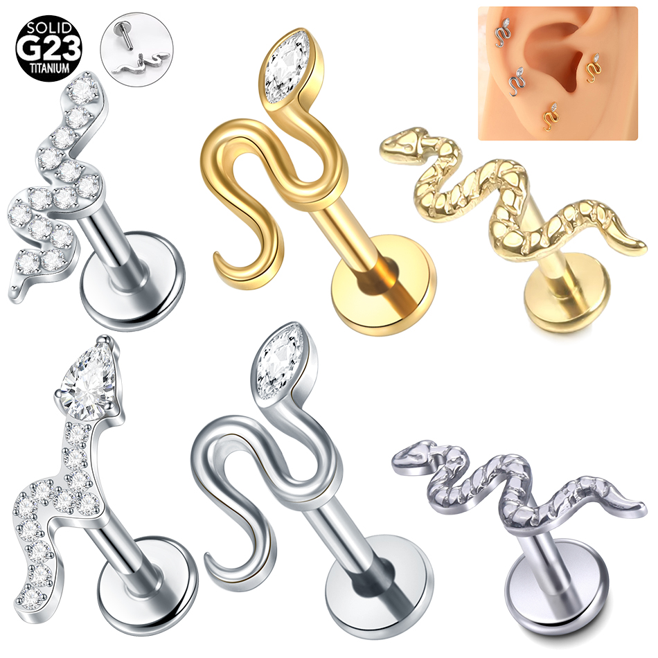 Flat Back Labret Stud - 10 ชิ้น/ล็อตไทเทเนียม Viper งู CZ Labret