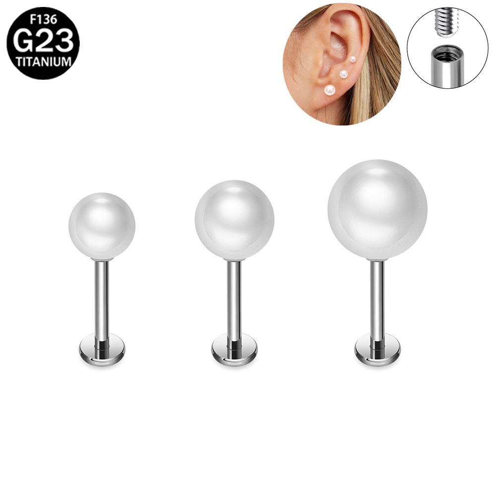 Flat Back Labret Stud - ต่างหูมุกไทเทเนียม ASTM F136 สำหรับผู้หญิง ต่างหูเจาะกระดูกอ่อน หู