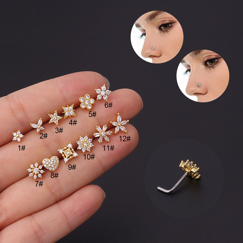 Body Jewelry Indian - 1Pc L รูปจมูก Studs สแตนเลสสตีลแหวนจมูกเจาะแฟชั่นดอกไม้มงกุฎรูปร่างอินเดีย Helix