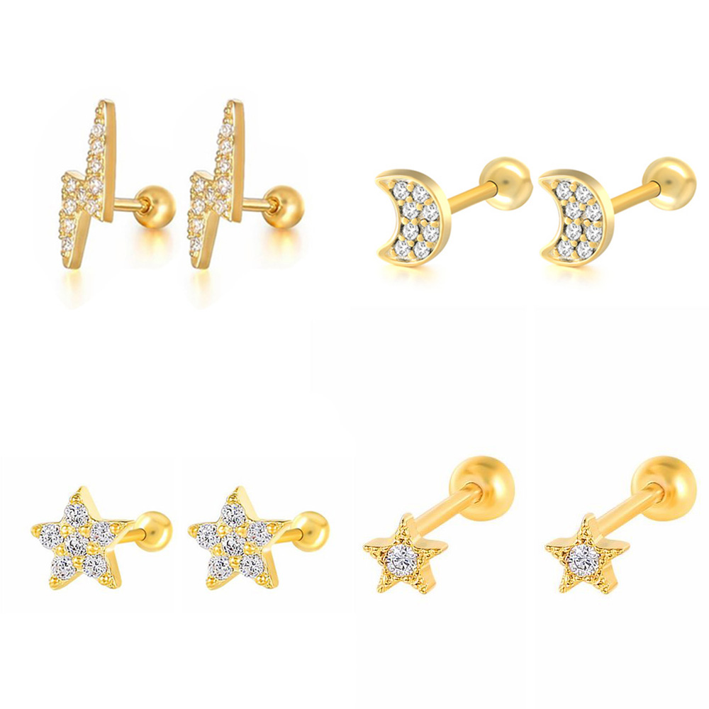 Flat Back Labret Stud - Star Moon กระดูกอ่อนต่างหูเกาหลีแฟชั่นสี Zircon Lightning Tragus