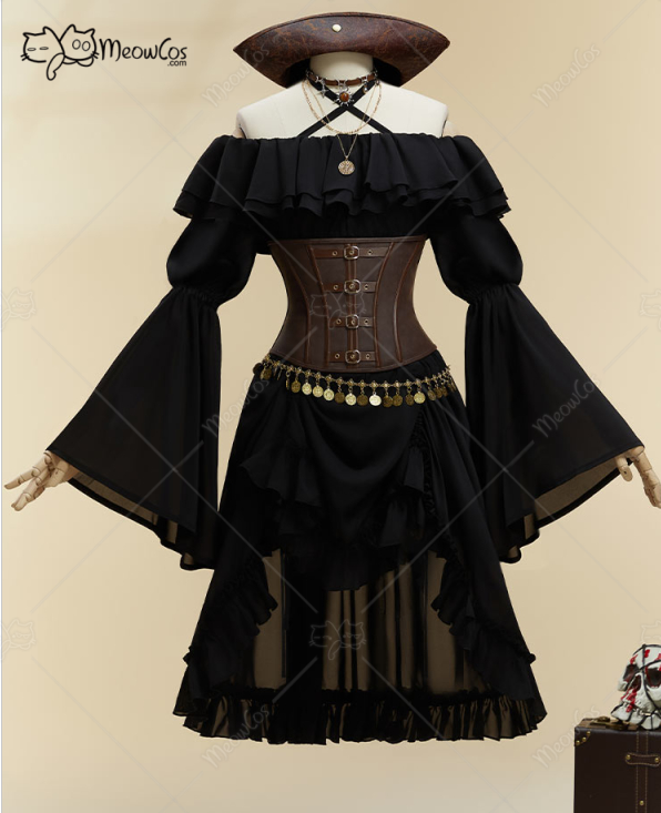 Body Jewelry Waist - ชุดคอสเพลย์ฮาโลวีนสำหรับผู้หญิง MOBBUNNY สไตล์โจรสลัดสีดำ ชุดเดรสแบบไร้สายพร้อมคอร์เซ็ทและหมวก