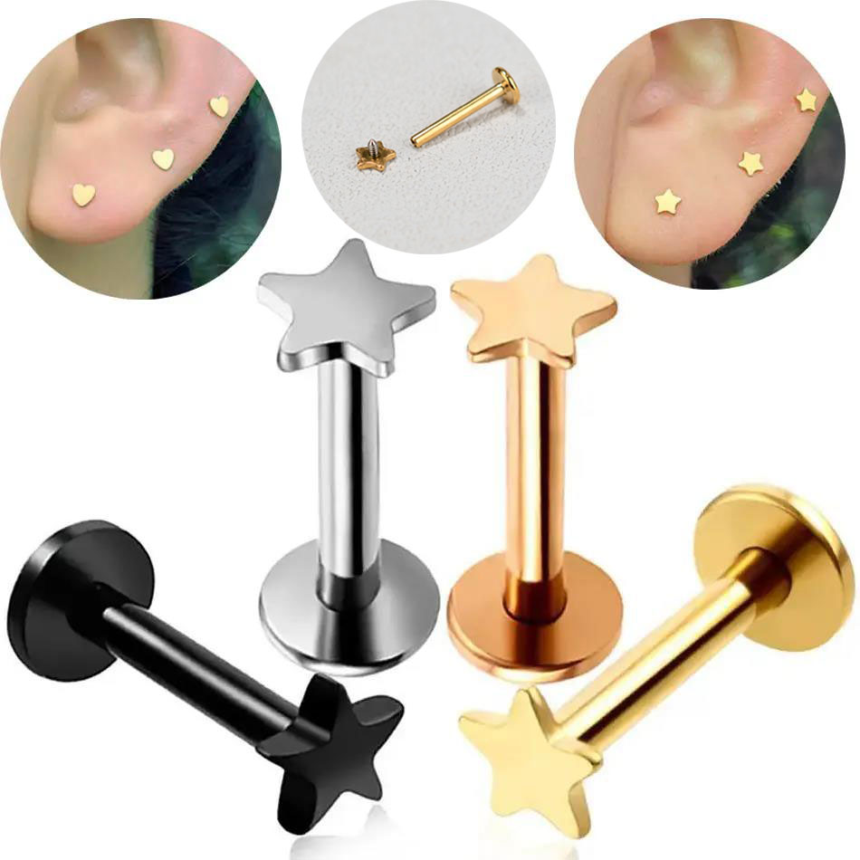Flat Back Labret Stud - 16G เจาะไทเทเนียมเหล็กด้ายภายใน Labret FLAT Star Heart