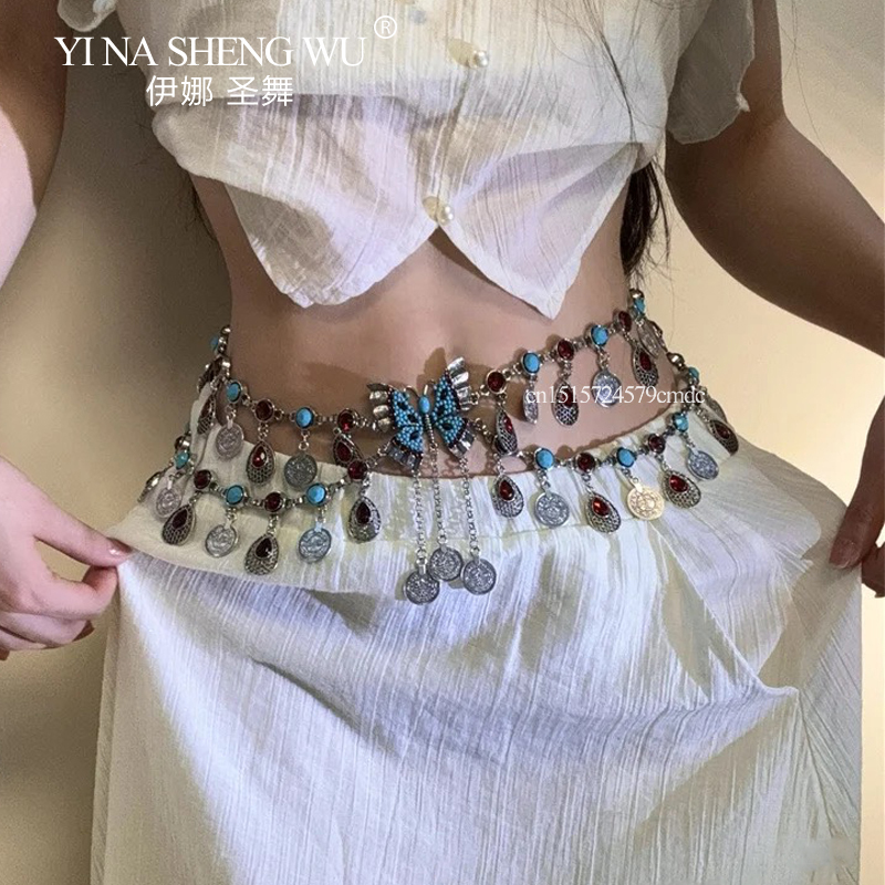 Body Jewelry Indian - Vintage เหรียญยาวพู่เอวโซ่ Belly Dance อุปกรณ์เสริมเต้นรําอินเดียเข็มขัด Vintage