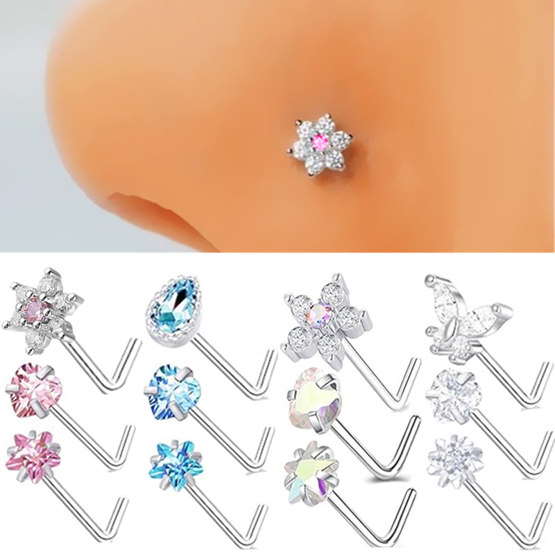 Body Jewelry Indian - 3PC สแตนเลสดอกไม้จมูกเจาะชุด L รูปร่างแหวนจมูกสีชมพู Studs Pack