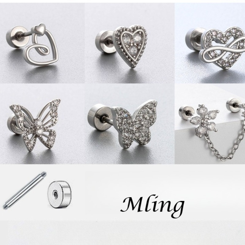 Flat Back Labret Stud - ต่างหูไทเทเนียม G23 รูปหัวใจแบบแบนสำหรับกระดูกอ่อนหู ประดับด้วยคิวบิกเซอร์โคเนีย เกลียวด้านใน เหมาะสำหรับเจาะหูแบบ