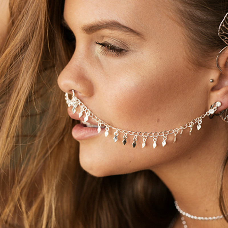 Body Jewelry Indian - แหวนจมูกโซ่,แผ่นแขวน Hoop-Ear CHAIN แหวนจมูก TRIBAL เครื่องประดับ-Celebrity