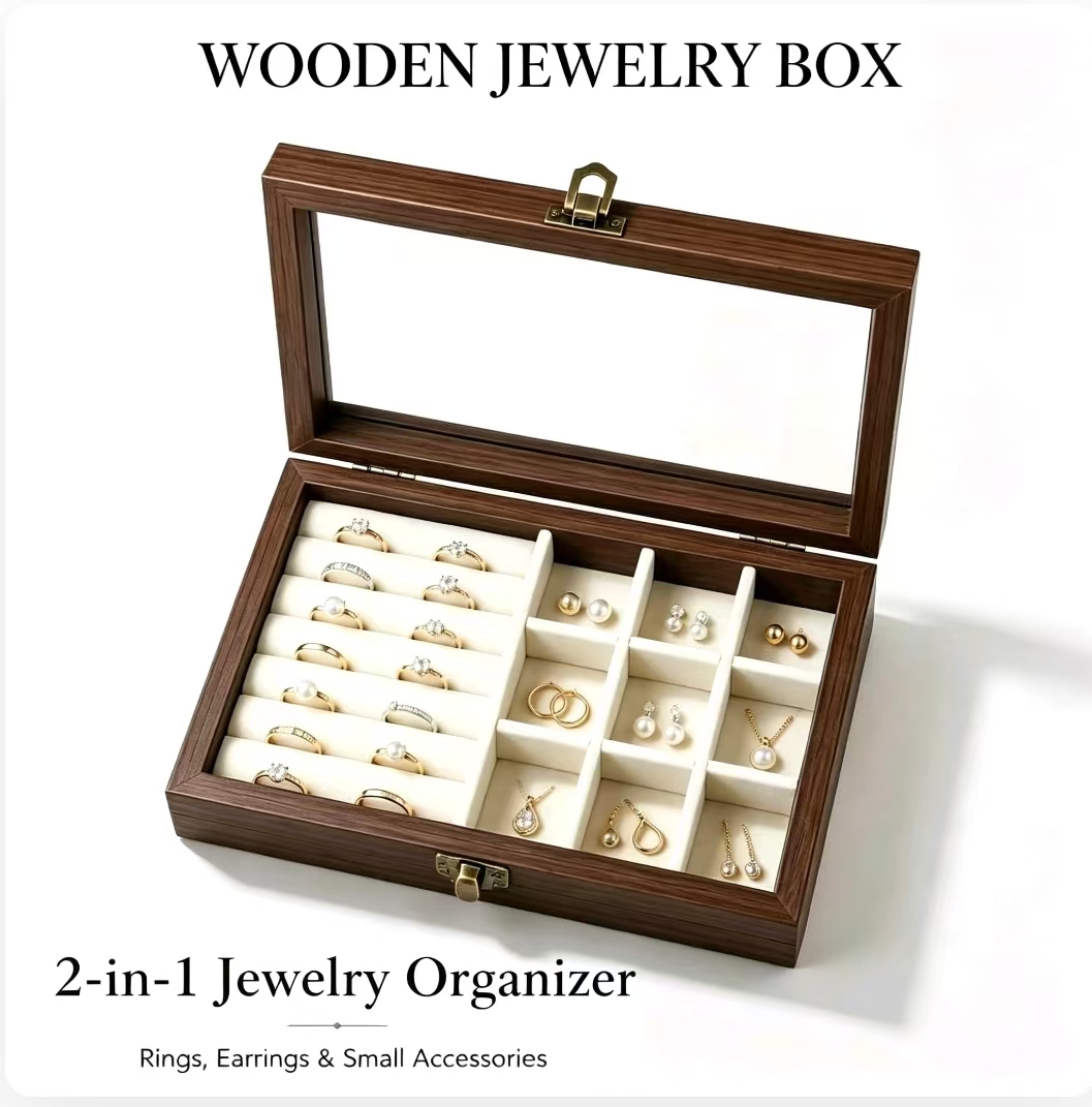 Body Jewelry Organizer - กล่องเก็บเครื่องประดับกำมะหยี่ลายไม้วอลนัทสำหรับวางบนโต๊ะในห้องนอน, กล่องเก็บเครื่องประดับแข็งสไตล์เกาหลีสำหรับเก็บสร้อยคอ ต่างหู และแหวน